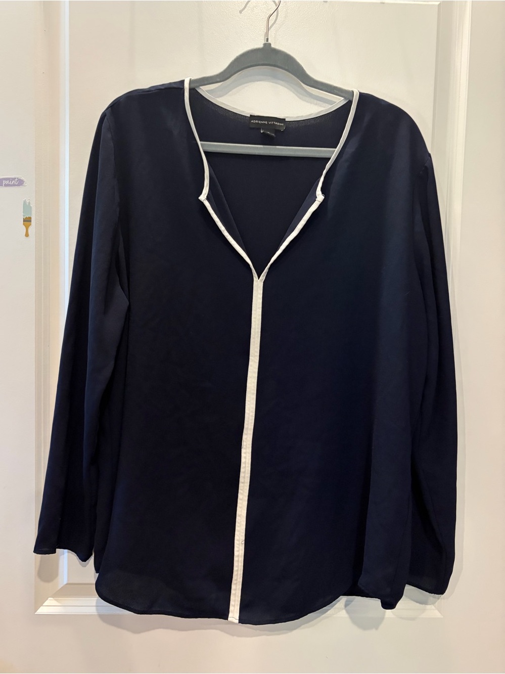Adrienne Vittadini Navy Blouse with White Trim